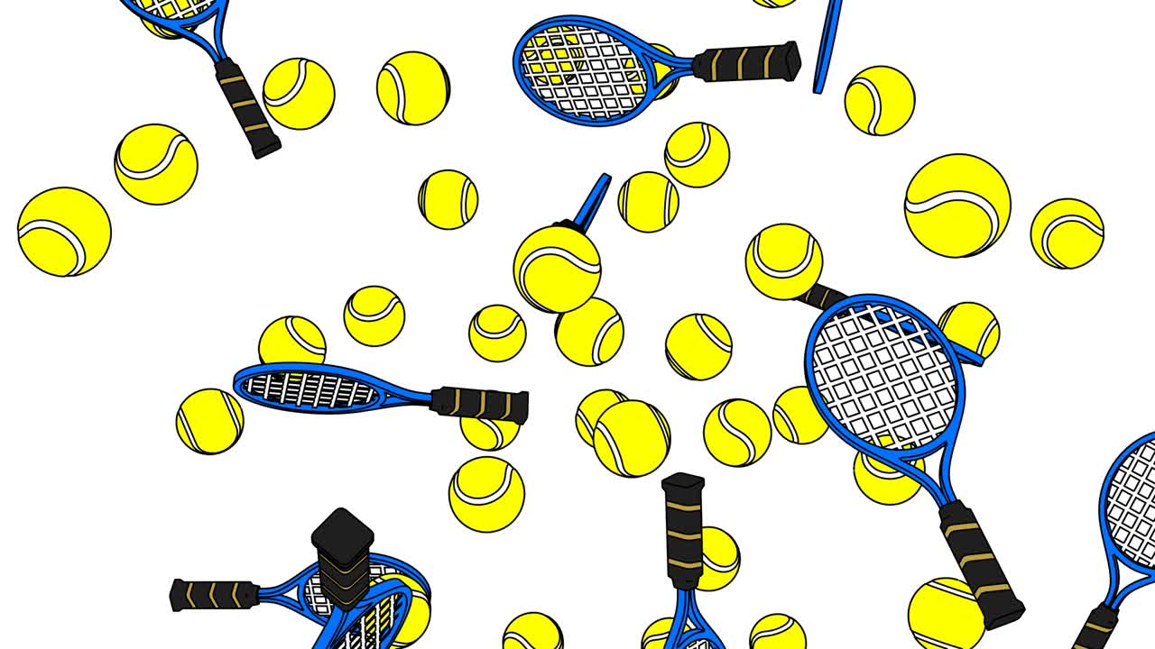 색 배경에 색 테니스 공과 파란색 테니스 래켓이 있습니다.