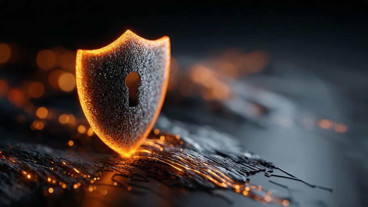 An illuminated shield icon representing cybersecurity, set against a dark, intricate background, symbolizes protection and security in the digital age, enhancing the theme of online safety