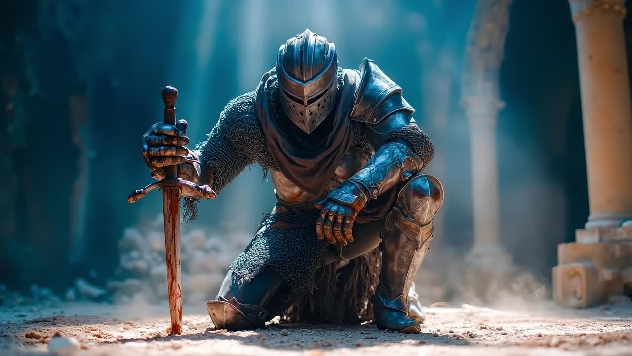 A man in armor crouching down with a sword in his hand