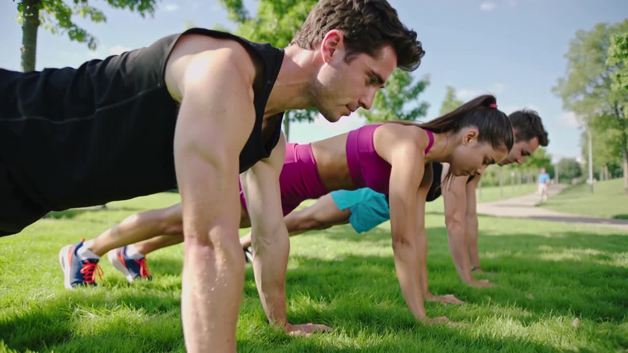Tres adultos, vestidos con ropa deportiva, realizan flexiones de entrenamiento sincronizadas en el césped del parque, partiendo de la posición de plancha.