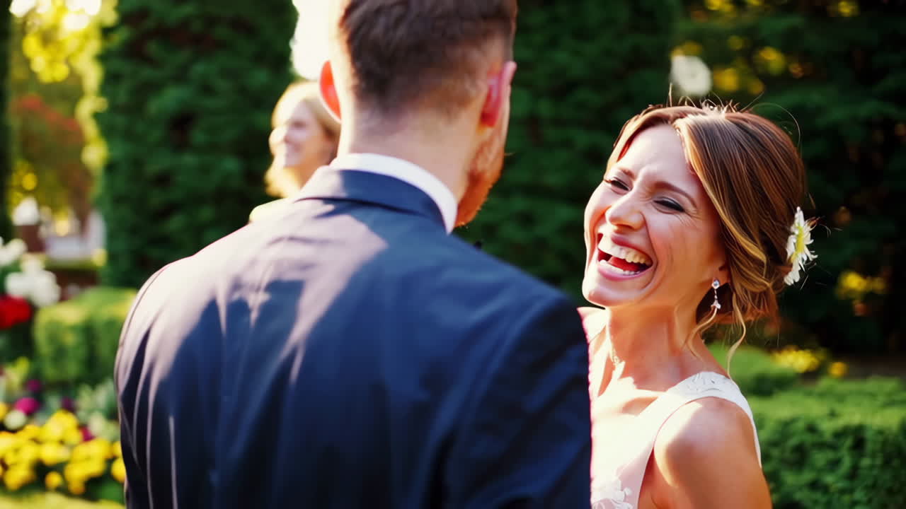 Wedding Couple and Guests in Garden