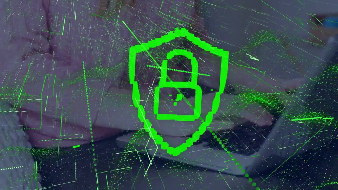 Woman resting hands on laptop keys and activating green shield morphing into padlock for security