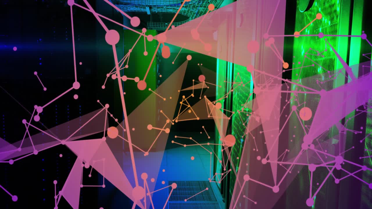 컴퓨터 서버 방에 대해 떠있는 플렉서스 네트워크의 애니메이션