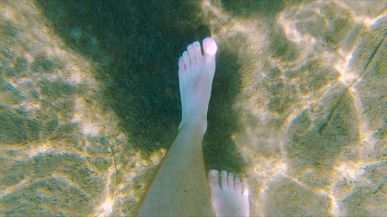 White Male Feet Walk on Sand Bottom of Lake, Wide Underwater Close Up