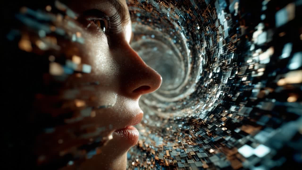A mesmerizing exploration of the human face emerging from a digital vortex of shimmering pixels, illustrating the intersection of technology and human emotion in a breathtaking visual journey