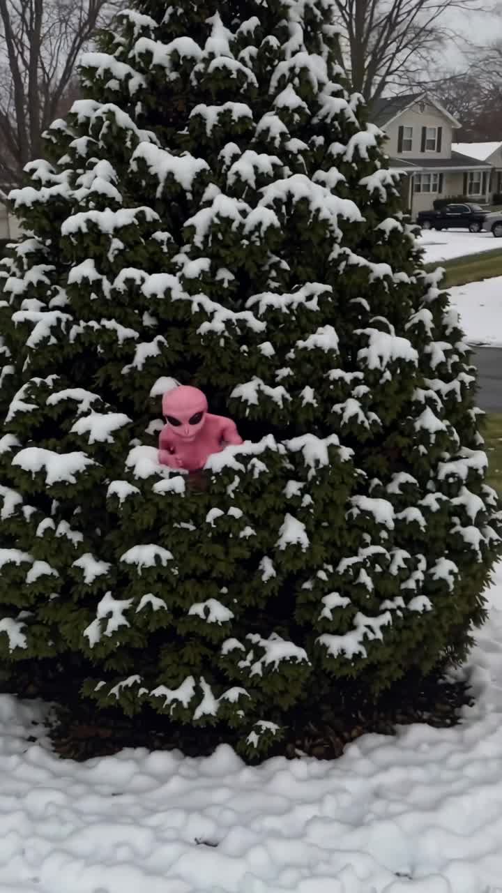 alienígena rosado escondiéndose en un árbol nevado