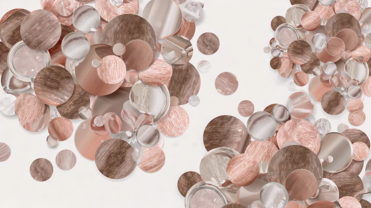 Animation starting, disc cluster drifting inward on cream, forming denser mass with rosegold discs