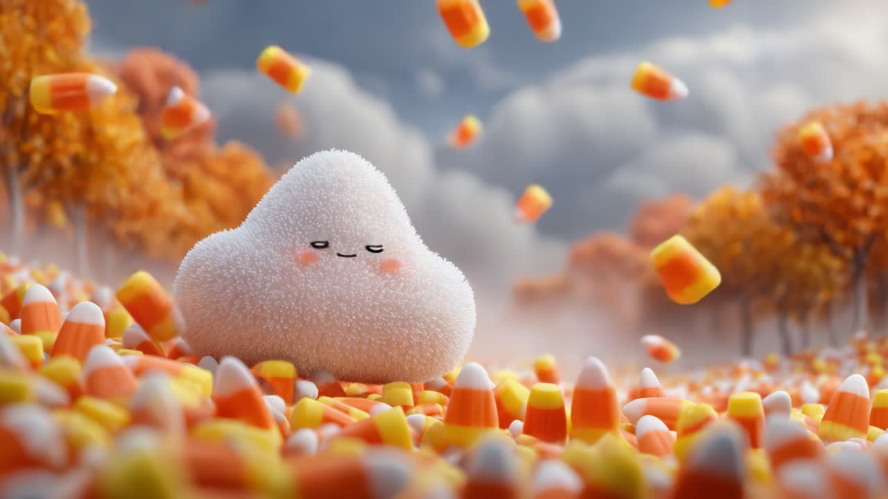 A Charming, Fluffy Cloud Character Surrounded by Colorful Candy Corn in a Whimsical Autumn Landscape Filled with Vibrant Trees and a Playful Atmosphere