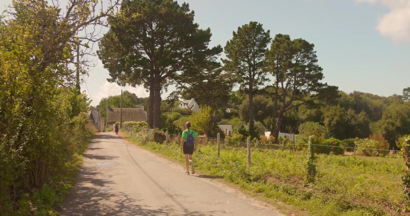 Seorang wanita berjalan di sepanjang jalan pedesaan berjejer pohon di Ile aux Moines, Brittany. Pepohonan hijau subur, sinar matahari hangat. Ideal untuk konten perjalanan, gaya hidup, dan pedesaan Prancis.
