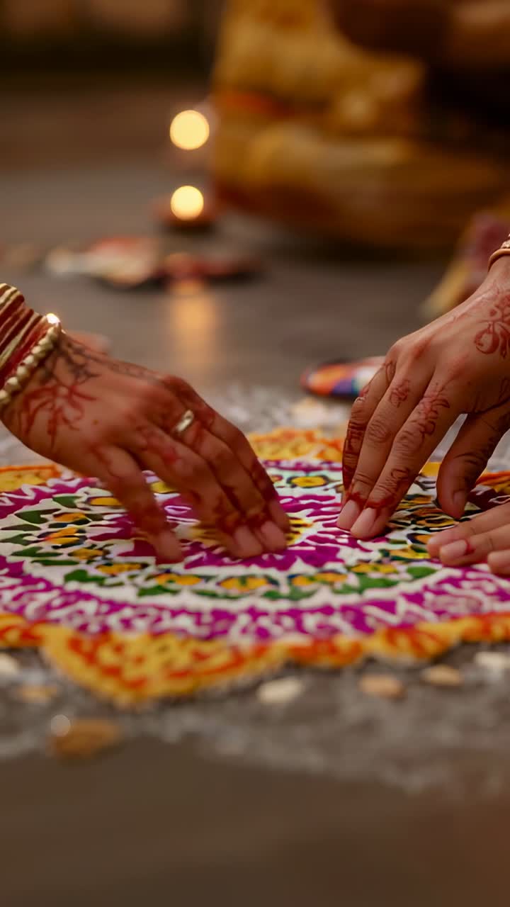 Vertical video: Creating rangoli, women's hands in ethnic wear applying powders at home, diyas