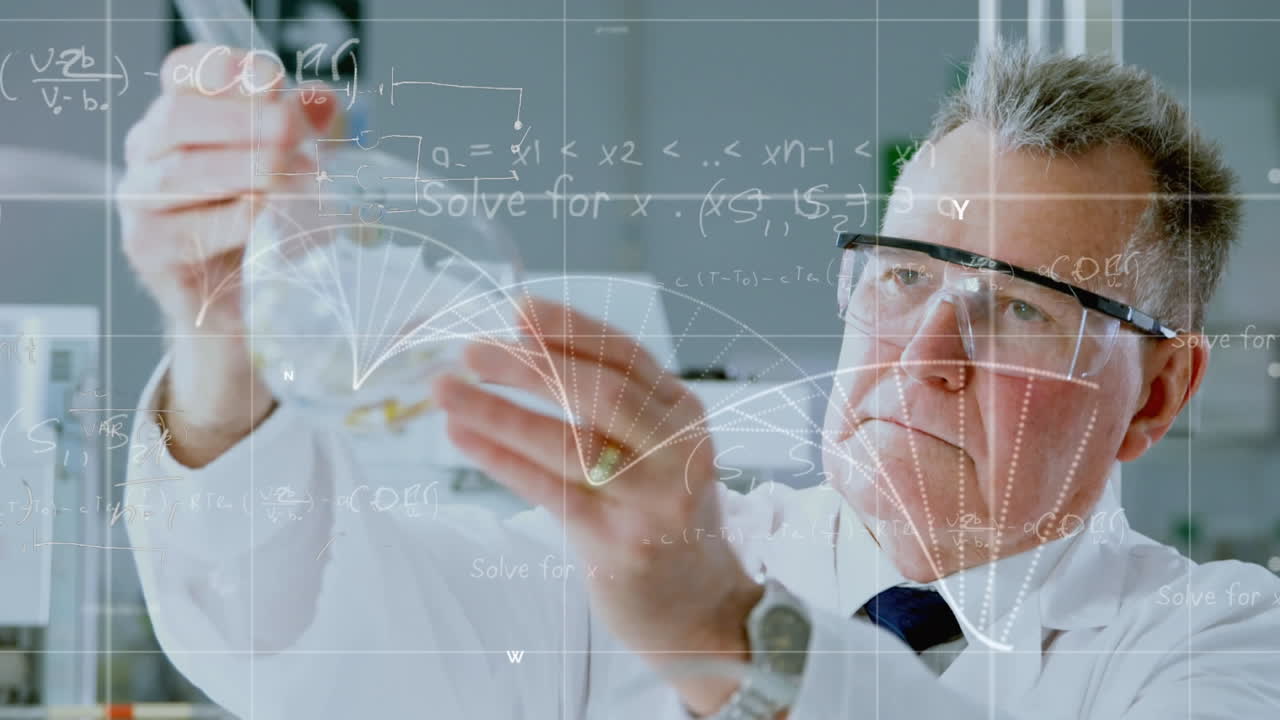 데이터 프로세싱 및 dna 구조의 애니메이션 - 연구실에서 일하는 백인 남성 과학자