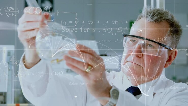 Animation von Datenverarbeitung und DNA-Struktur über einem im Labor arbeitenden kaukasischen Wissenschaftler.