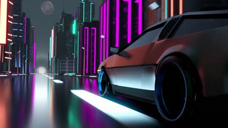 Animation-of-car-driving-in-neon-lit-city-at-night-background