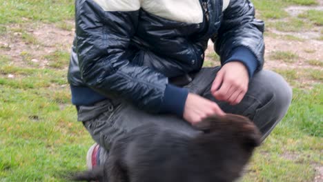 young man playing with black, happy puppy