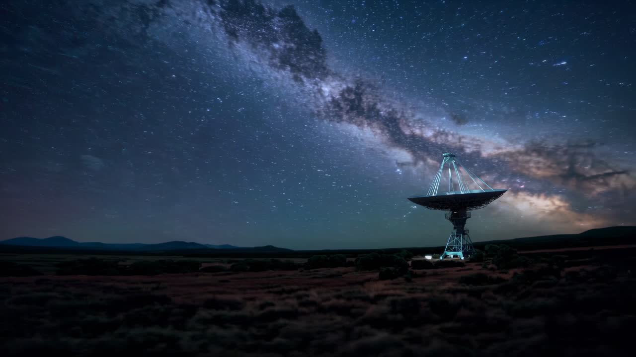 Un'inquadratura dal basso di un'antenna parabolica sotto un cielo stellato, che cattura un'atmosfera futuristica e scientifica