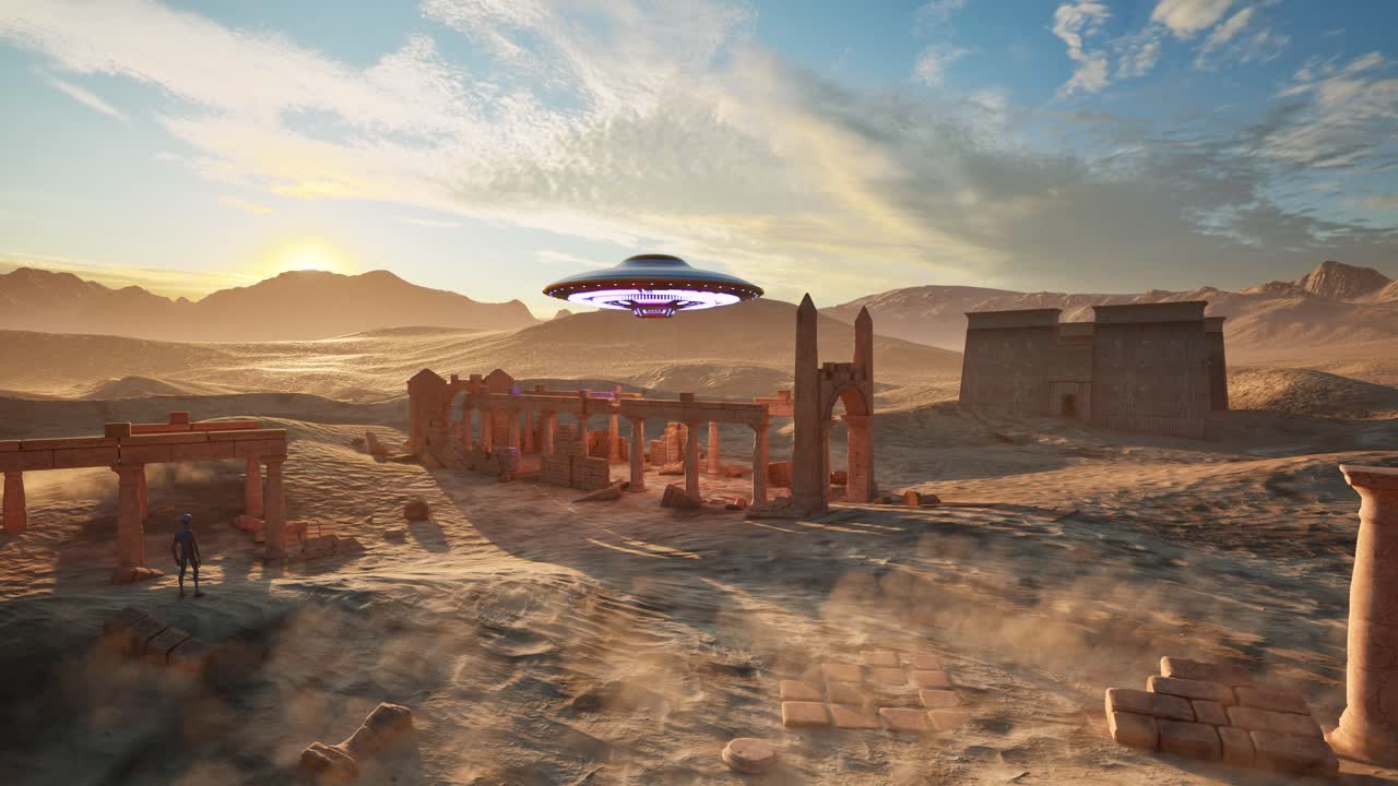 A UFO casting colorful lights, hovering above ancient temple ruins in the desert on sunset, with an alien standing idle and looking, 3D animation, animated scenery, camera static