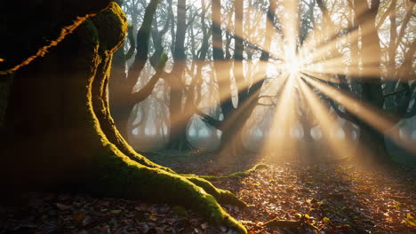 sunbeams through a mystical forest