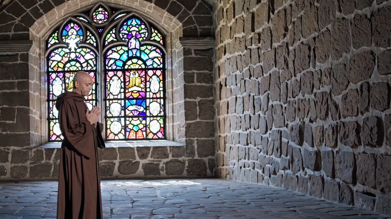 A monk in prayer, side view, in a stone chapel with stained glass