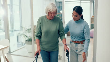 Woman,-nurse-and-patient-with-walker-in-elderly