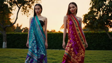 two women in traditional indian sarees at sunset