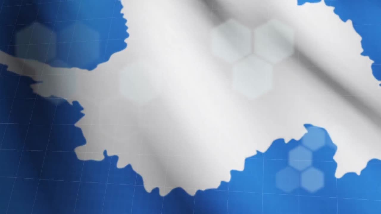 6각형 모양의 애니메이션은 파란색 배경에 대한 지도를 흔들고 있습니다.