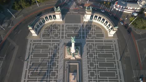 drone descends above heroes' square and millennium monument in budapest