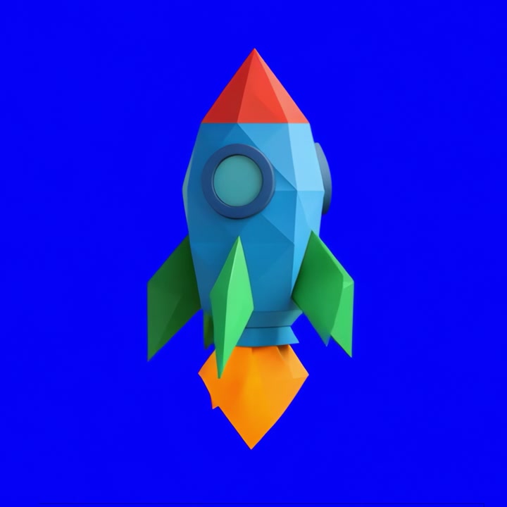 Low Poly 3D Rocket Animation on Blue Background