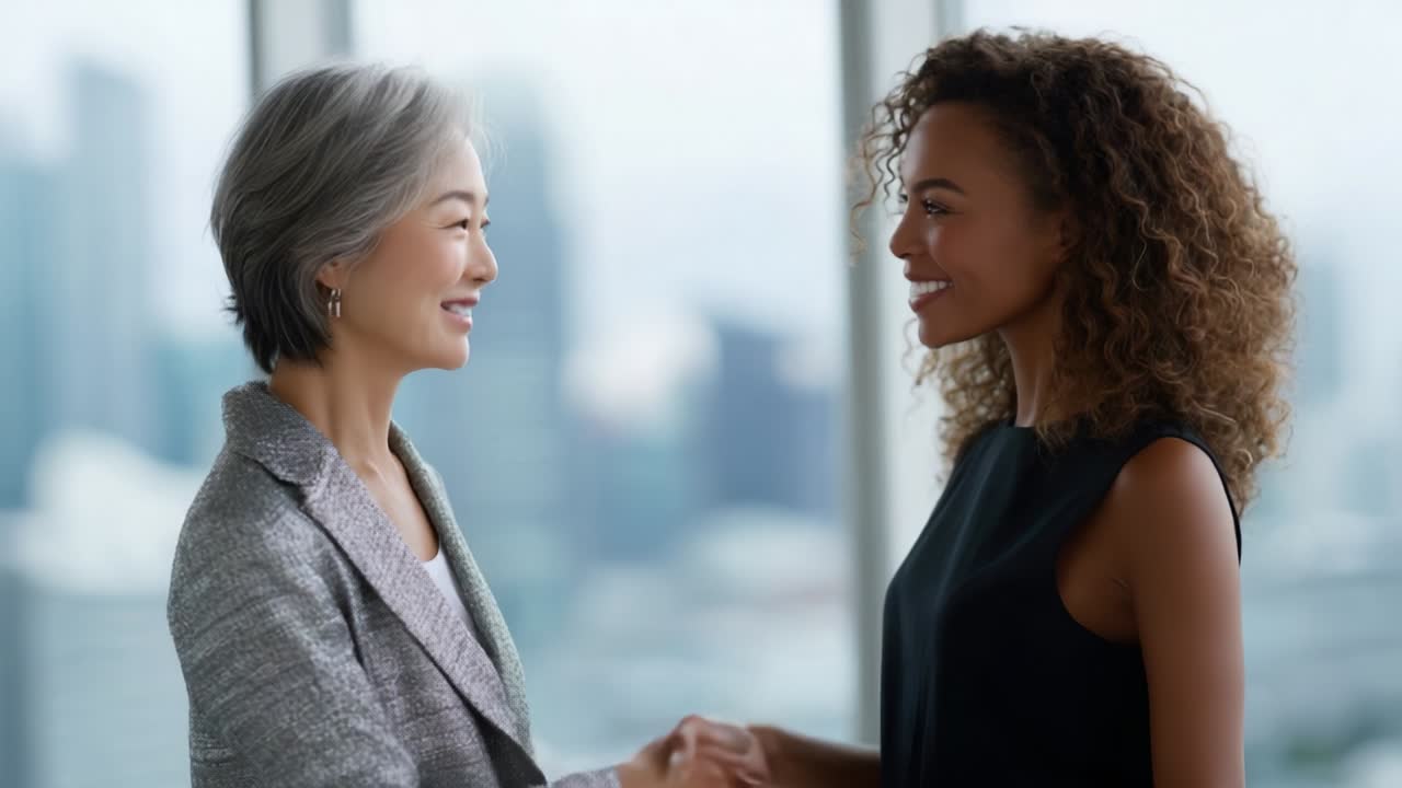 A Heartfelt Connection: Two Professional Women Engaging in a Warm Handshake Amid a Modern Cityscape Background, Symbolizing Trust, Collaboration, and Empowerment in Today's Workplace Environment