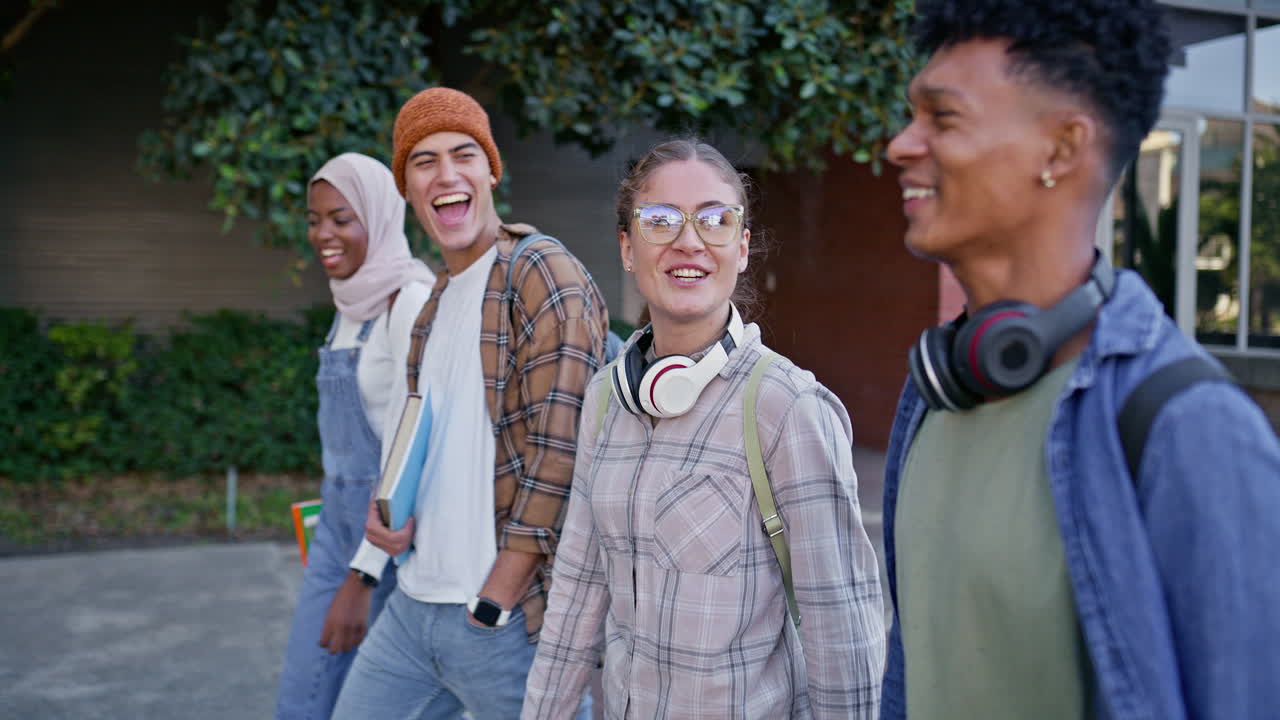 Group of diverse students walking together on campus