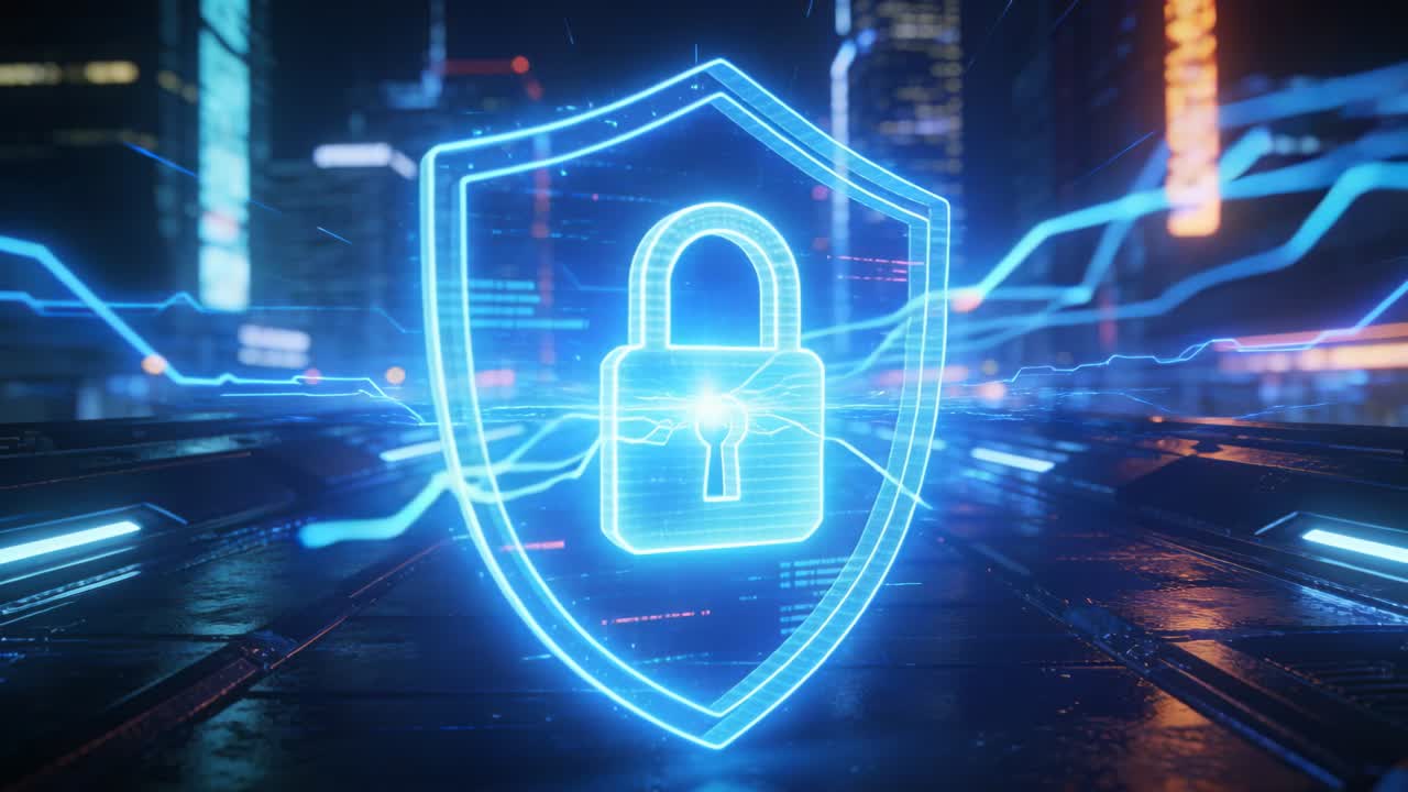 Vertical video: Incoming wave energizing holo padlock shield rotating over wet deck securing data