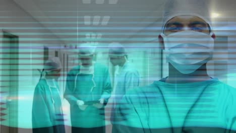 Animation-of-network-of-connections-with-green-lines-over-surgeons-in-hospital