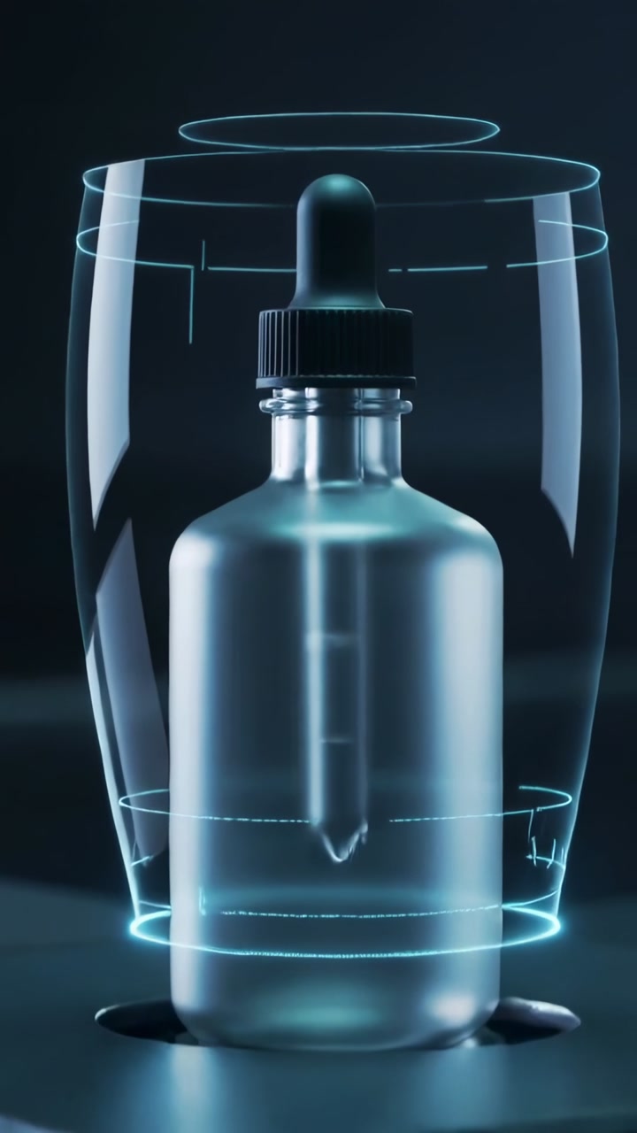 Vertical video: Scanning frosted dropper on studio pedestal as hologram forming, revealing pipette