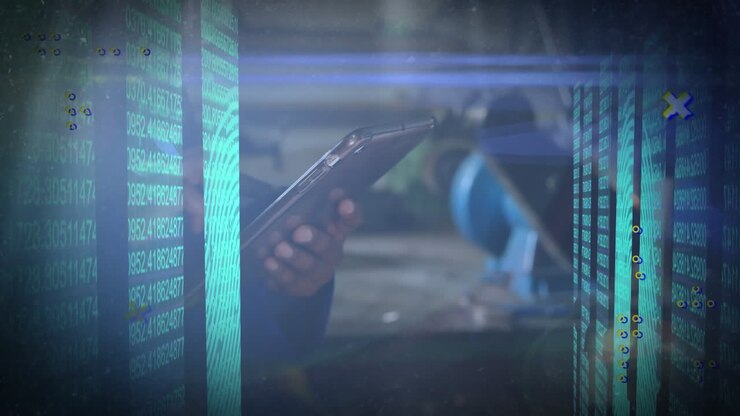 Animation of data processing and yellow dots over african american man using tablet