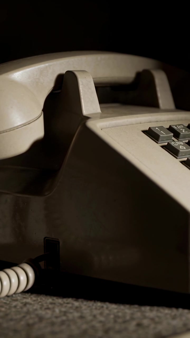 Vertical video: Resting tan phone showing shadow shifting from light on carpet, keypad, cord