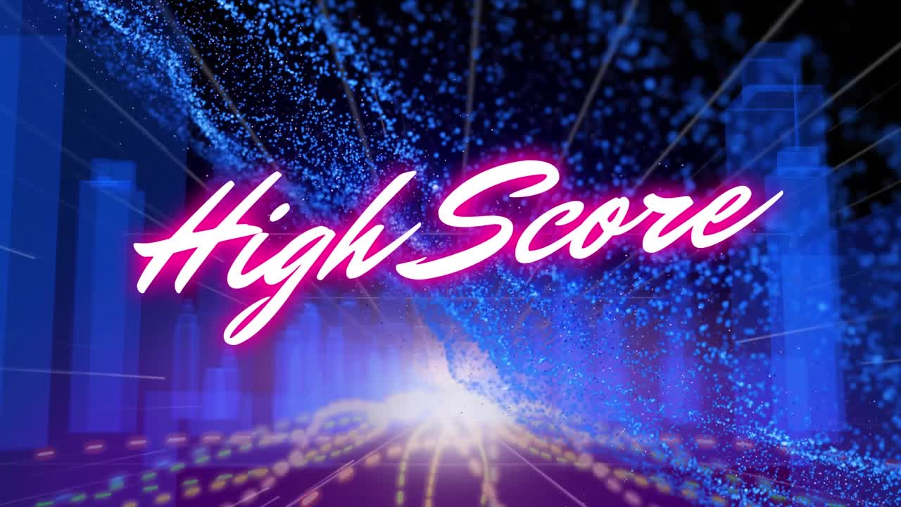 Animation af neon highscore-tekstbanner over lilla digital bølge, lysspor og 3D-bymodel