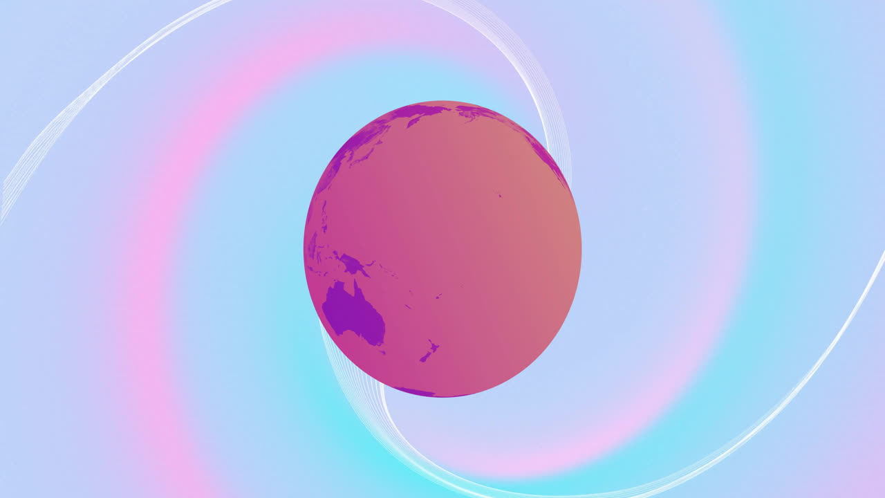 Animation of earth spinning over abstract waving shape moving on blue background