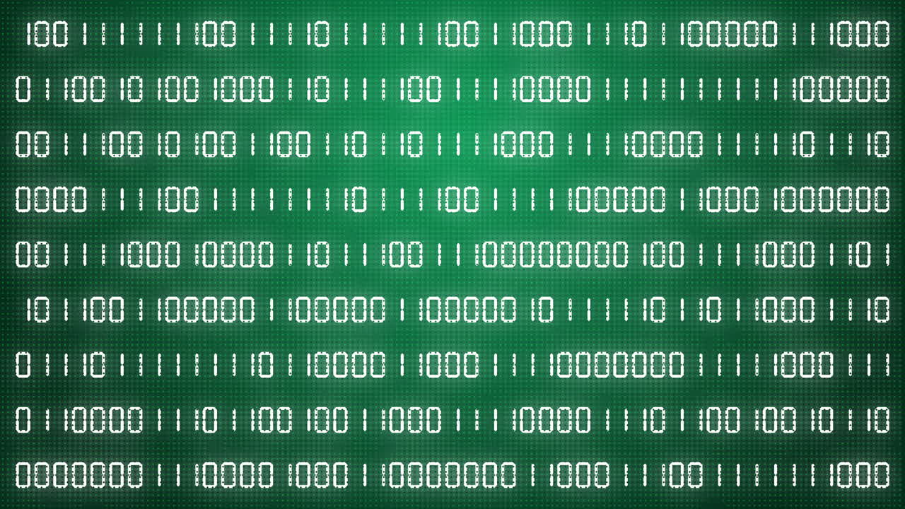 Simple binary code on green digital background with pixel. Changing numbers zero and one on screen. Abstract motion graphics.