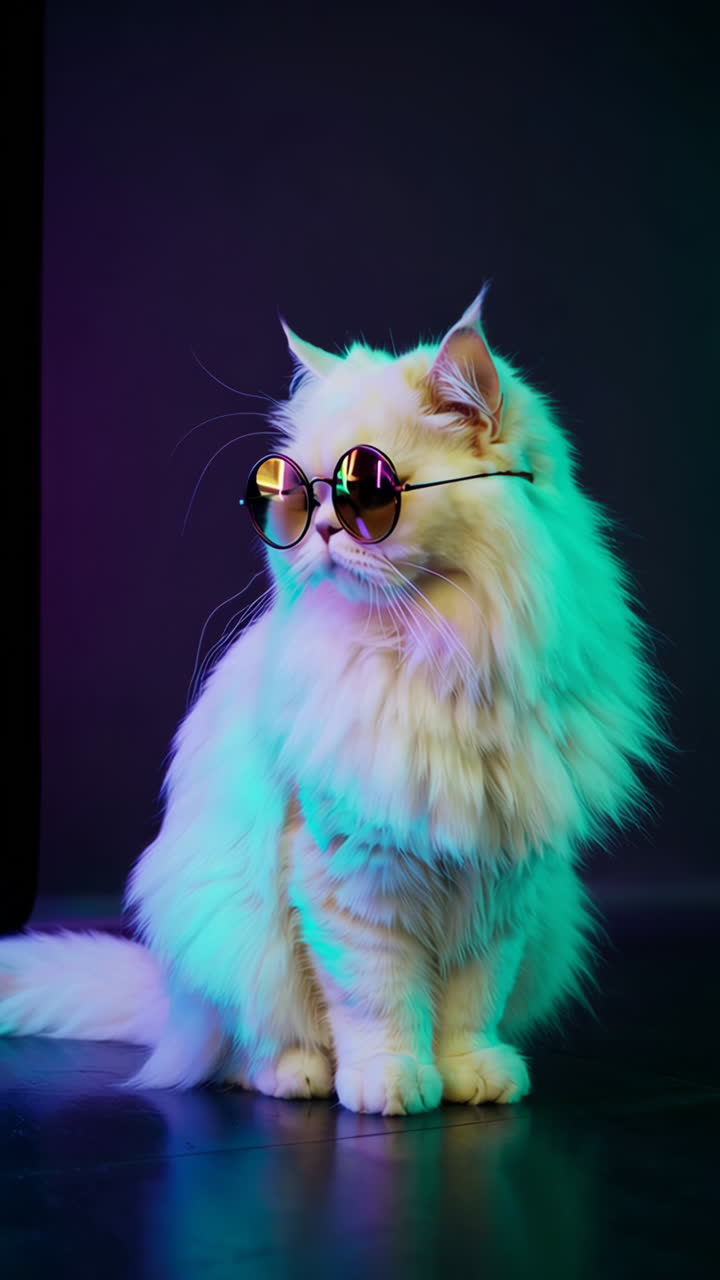 White Persian Cat with Sunglasses in Neon Light