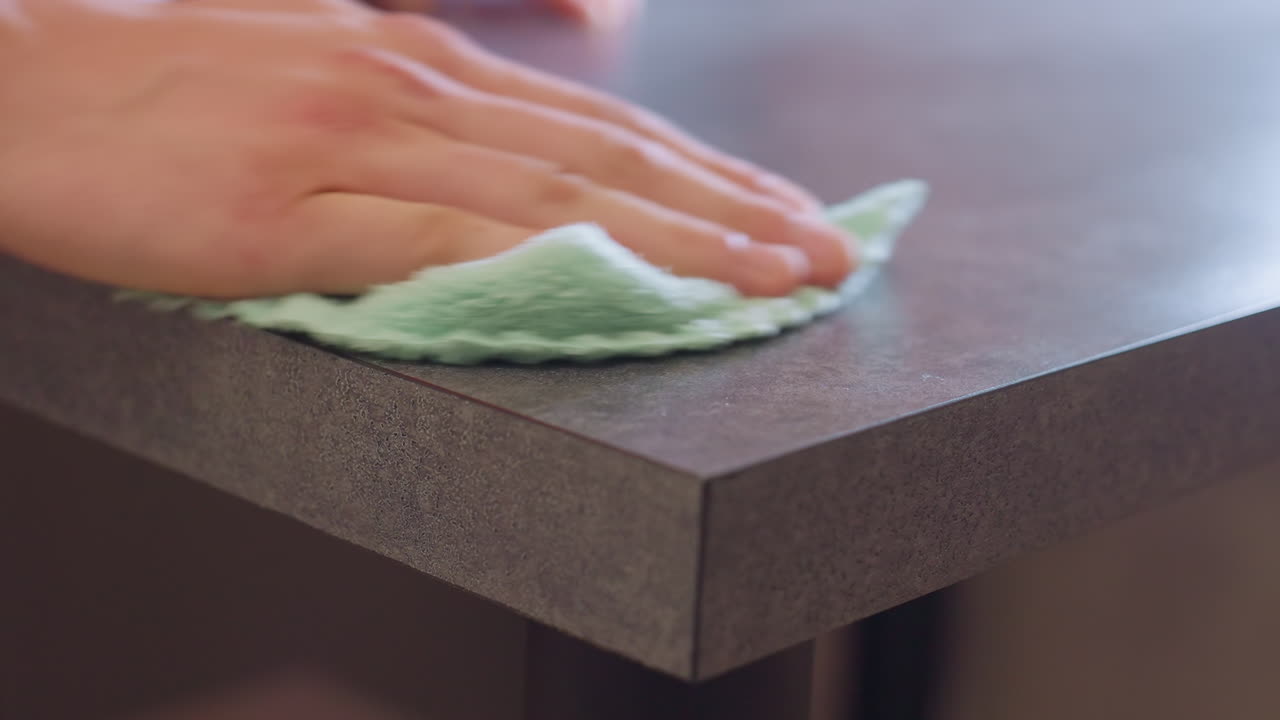 Close up partial view of person cleaning wooden table with soft cloth as light reflects on smooth surface, focusing on hand movement wiping edge for hygiene