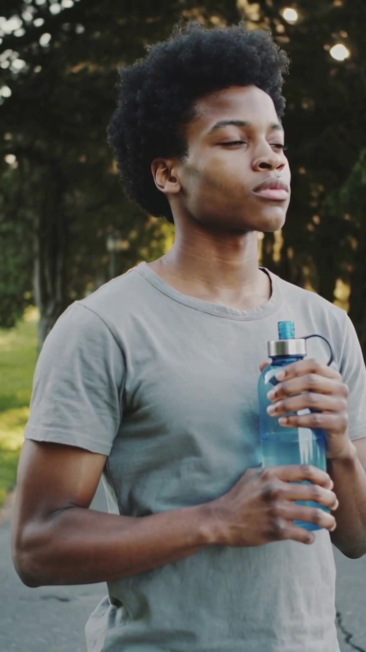 Vertical video: Pausing teen in gray tee holding blue bottle inhaling opening eyes gazing in park