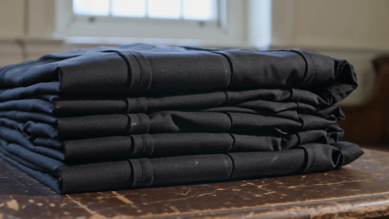 Pulling back camera revealing folded black linens on worn wooden table at window, showing seams