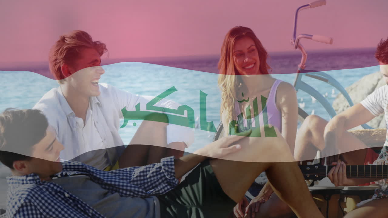 해변에서 휴식을 취하고, 친구들과 함께 이라크 발 애니메이션을 배경으로