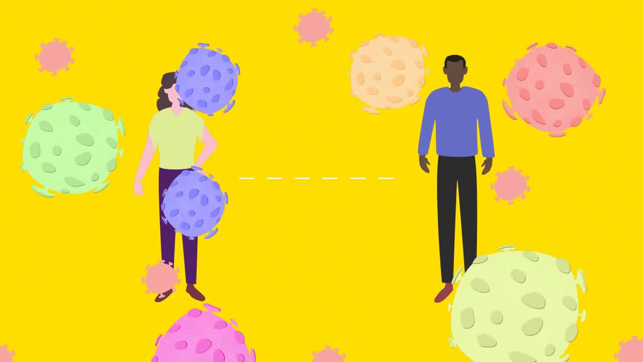 animación de dos personas con una flecha doble entre ellos sobre los iconos de células macro covid-19 flotando en