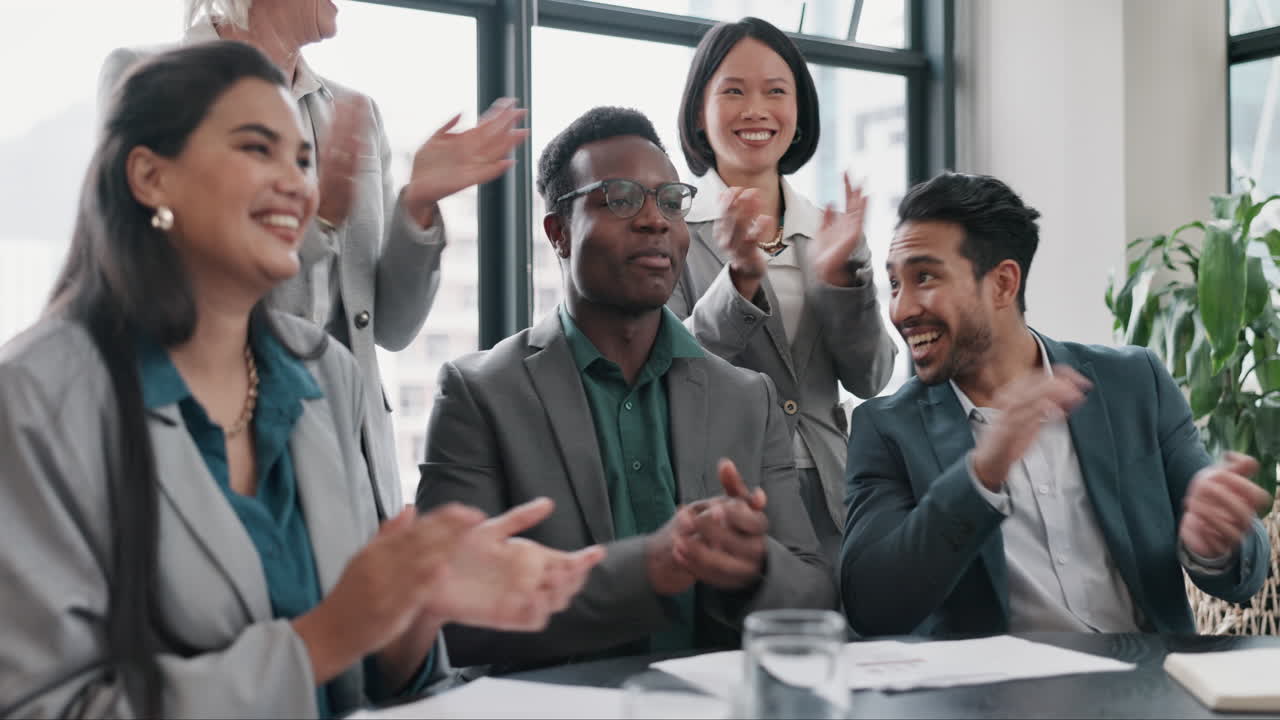 Business people, applause and workshop