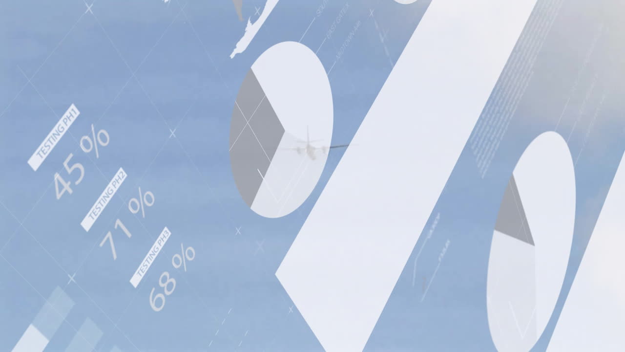 Flying over global data charts and pie graphs, airplane in blue sky animation