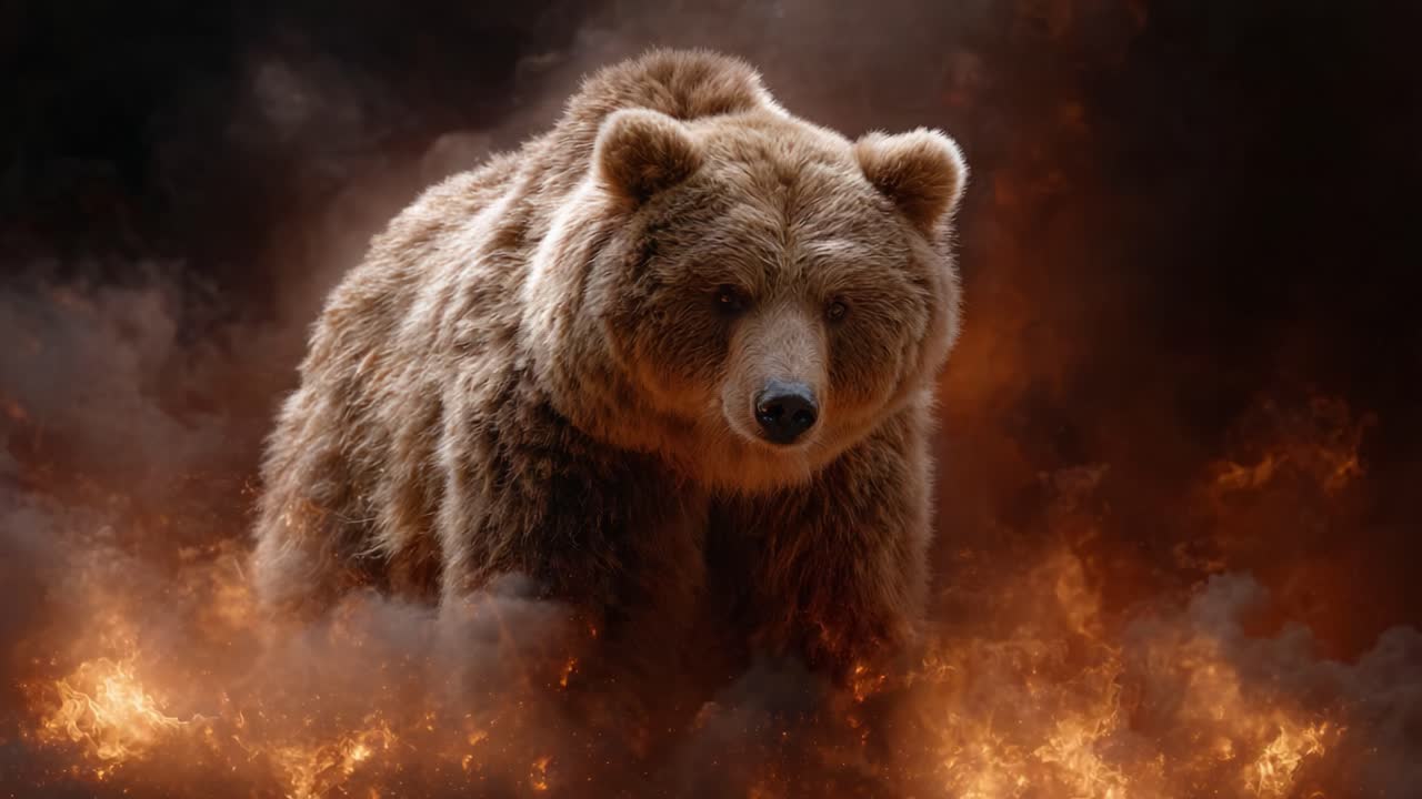 A majestic brown bear stands resilient amidst a fiery and smoky backdrop, showcasing its power and presence in a dramatic natural scene filled with swirling clouds and flames