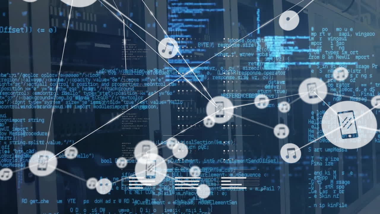 데이터 서버 을 통해 연결된 아이콘과 컴퓨터 언어의 애니메이션