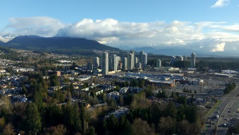 Skyscrapers-And-Shopping-Mall-In-Coquitlam-Town-Centre,-Metro-Vancouver,-Canada