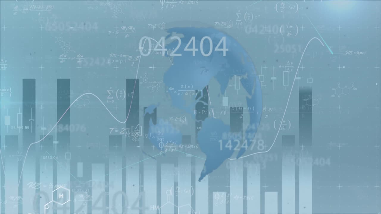 Animation of statistics and financial data processing over globe and blue background
