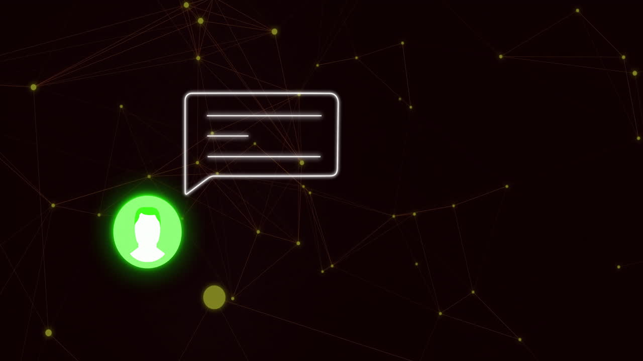 Animation of glowing chat bubble and user icon over digital network connections